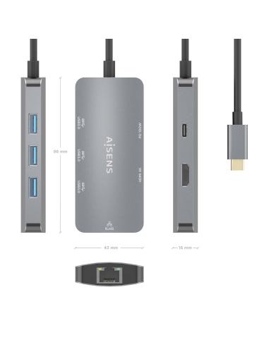 DOCK AISENS USB-C 6 EN 1 USB-C A HDMI-RJ45-3USBA-USBC PD GRIS 15CM ASUC-6P019-GR