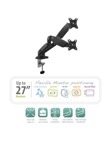 SOPORTE BRAZO INDEPENDIENTES 2 MONITORES EWENT / HASTA 34" / PANTALLAS PLANAS 9KG Y CURVAS 7KG / RESORTES DE GAS / PUERTOS EXTEN