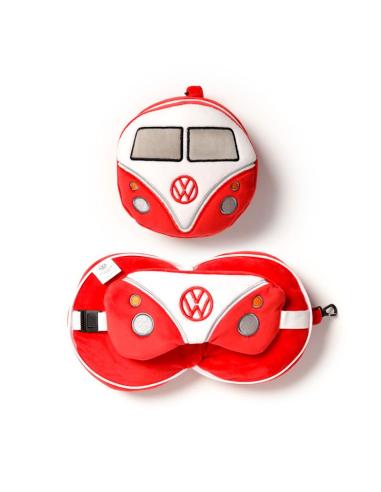 ALMOHADA VIAJE CON ANTIFAZ CARAVANA VOLSKWAGEN VW T1 CAMPER ROJA / 95% POLIESTER - 5% SPANDEX / CON CREMALLERA PARA GUARDAR EL A