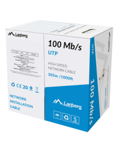 BOBINA CABLE RED LANBERG UTP RJ45 100MB/S SOLIDO CCA AWG24 305M GRIS