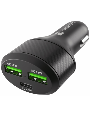CARGADOR COCHE NATEC CONEY 2XUSB, 1XUSB-C QC3.0, PD 3.0 84W NEGRO