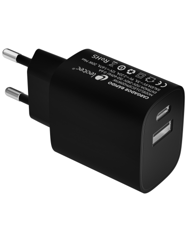 LEOTEC CARGADOR 20W CARGA RAPIDA 1 USB TIPO-C PD 1 USB-A NEGRO