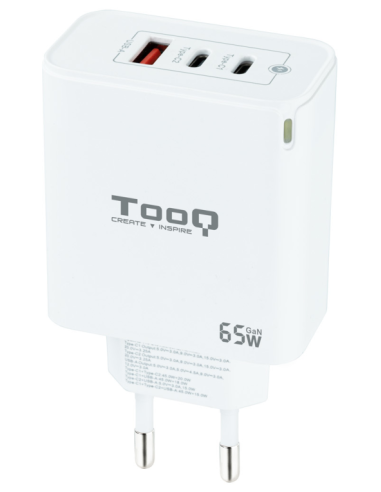 CARGADOR DE PARED TOOQ GAN 2USB-C PD USB-A QC 65W