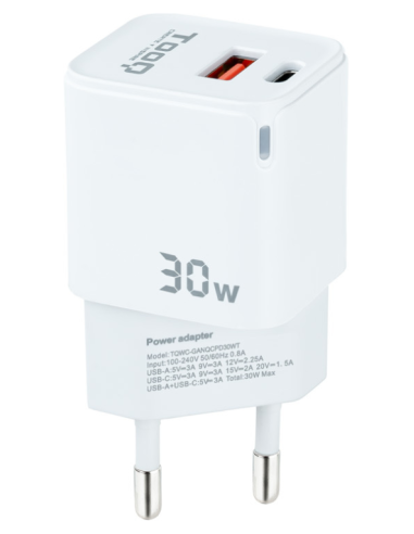 CARGADOR DE PARED TOOQ GAN USB-C PD USB-A QC 30W