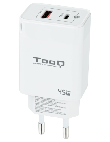 CARGADOR DE PARED TOOQ GAN USB C PD USB-A QC 45W