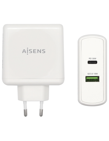 CARGADOR 48W AISENS 1xUSB-C PD3.0 30W 1xUSB-A QC3.0 18W BLANCO