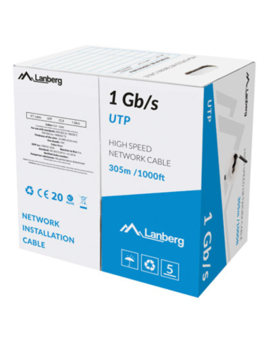 BOBINA CABLE RED LANBERG UTP RJ45 1GB/S SOLIDO CCA AWG23 305M NEGRO