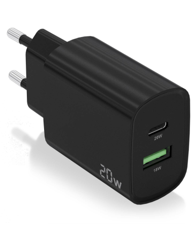 CARGADOR AISENS 20W 1XUSB-C PD3.0 1XUSB-A QC3.0 NEGRO
