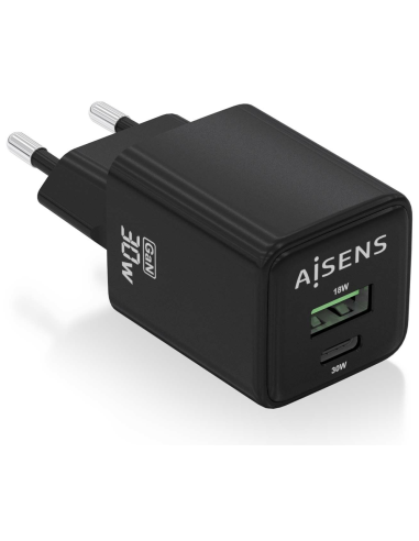 CARGADOR AISENS GAN 30W 1XUSB-C PD3.0 QC4.0 1XUSB-A QC3.0 NEGRO