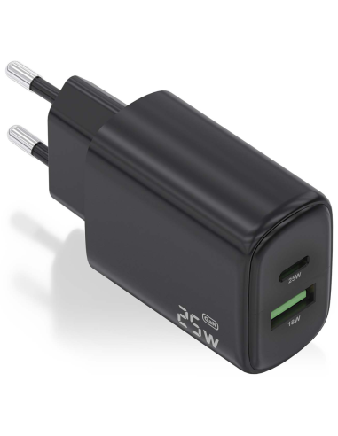 CARGADOR AISENS GAN 25W, 1XUSB-C PD3.0, 1XUSB-A QC3.0, NEGRO