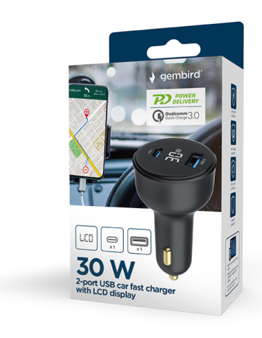 CARGADOR RAPIDO PARA COCHE GEMBIRD USB DE 2 PUERTOS, TIPO C PD, LCD, 30 W,NEGRO