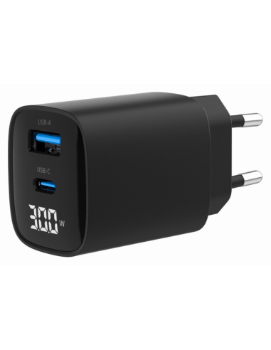 CARGADOR RAPIDO USB GEMBIRD DE 2 PUERTOS Y 30 W, LCD, NEGRO
