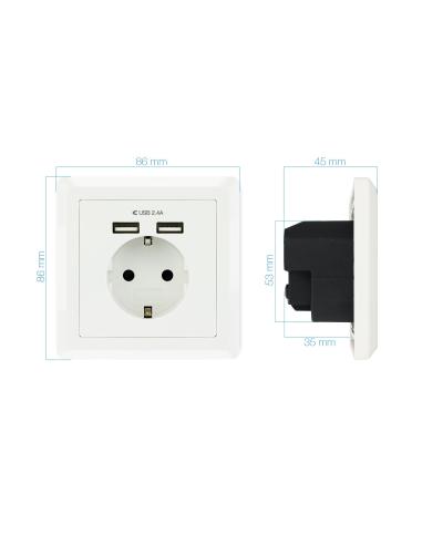 BASE ENCHUFE PARED TIPO SCHUKO CON 2 TOMAS USB MAX 2.4A BLANCA NANOCAB 10.35.0010