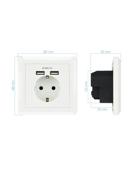 BASE ENCHUFE PARED TIPO SCHUKO CON 2 TOMAS USB MAX 2.4A BLANCA NANOCAB 10.35.0010