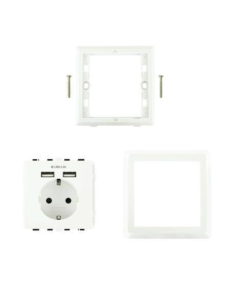 BASE ENCHUFE PARED TIPO SCHUKO CON 2 TOMAS USB MAX 2.4A BLANCA NANOCAB 10.35.0010