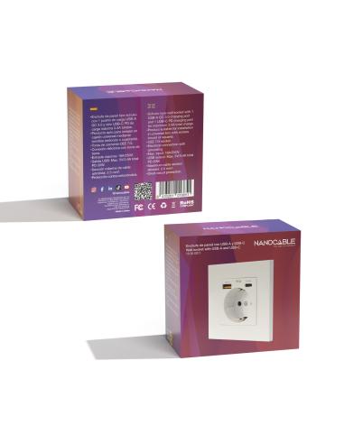 BASE ENCHUFE PARED TIPO SCHUKO CON 2 TOMAS USB MAX 3.4A BLANCA NANOCAB 10.35.0011