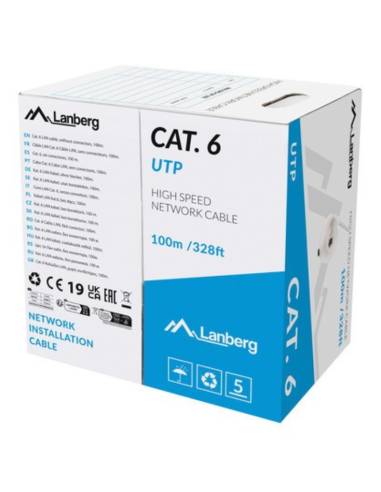 BOBINA CABLE DE RED LANBERG RJ45 CAT.6 UTP SOLIDO CU CPR 100M GRIS FLUKE PASSED