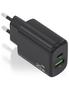 CARGADOR AISENS GAN 20W, 1XUSB-C PD3.0, 1XUSB-A QC3.0, NEGRO