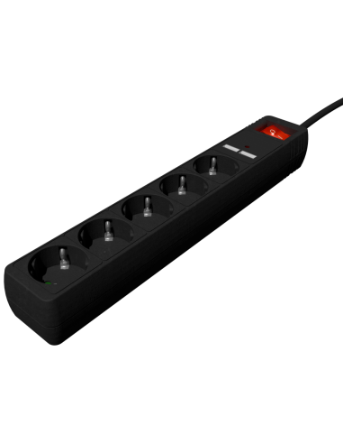 REGLETA CON CARGADOR USB, 5 ENCHUFES, 1.5 M, USB 2A, COLOR NEGRO