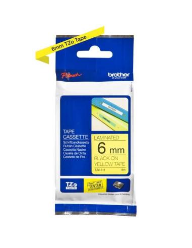 CINTA BROTHER P-TOUCH LAMINADA NEGRO SOBRE AMARILLO 6mm 8M (TZe-611)