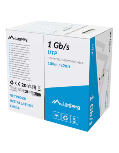 BOBINA CABLE RED LANBERG UTP RJ45 1GB/S SOLIDO CCA AWG23 100M GRIS
