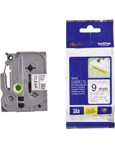 CINTA BROTHER P-TOUCH LAMINADA SUPERADHESIVA NEGRO SOBRE TRANSPARENTE 9mm 8M (TZS121)