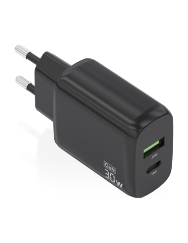 CARGADOR AISENS GAN 30W, 1XUSB-C PD3.0 QC4.0, 1XUSB-A QC3.0, NEGRO