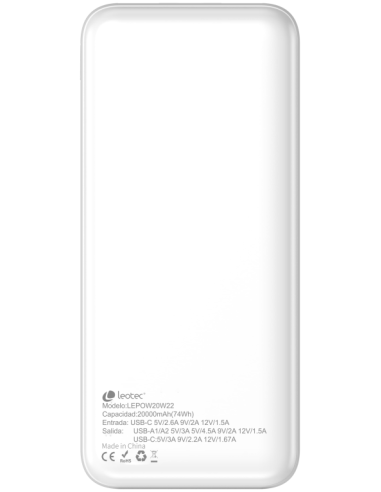 LEOTEC POWERBANK 20000MAH 22,5W PD20W BLAN (1 USB-C+2USB-A INC USB-A A USB-C)