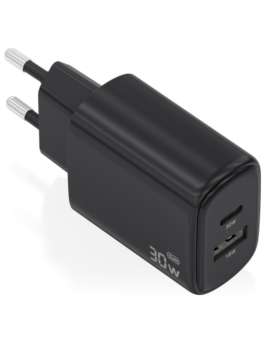 CARGADOR AISENS GAN 30W 1XUSB-C PD3.0 QC4.0 1XUSB-A QC3.0 NEGRO