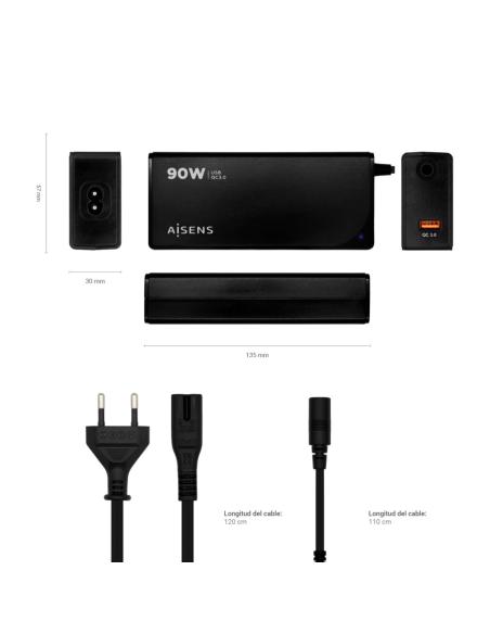 CARGADOR PORTATIL 90W AUTO 12 CONECTORES USB-A QC3.0 AISENS ASLC-90WAUTO-BK