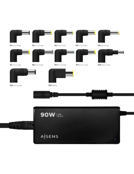 CARGADOR PORTATIL 90W AUTO 12 CONECTORES USB-A QC3.0 AISENS ASLC-90WAUTO-BK