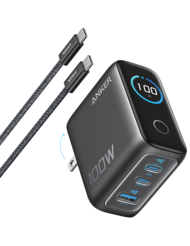 CARGADOR DE PARED ANKER 100W 3 PUERTOS CON PANTALLA INTELIGENTE NEGRO