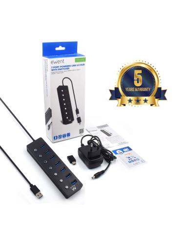 HUB USB EWENT USB-A 3.1 A 7 X USB-A CON INTERRUPTOR INDIVIDUALIZADO / INCLUYE ADAPTADOR USB-A H - USB-C M / CARGADOR DE CORRIENT