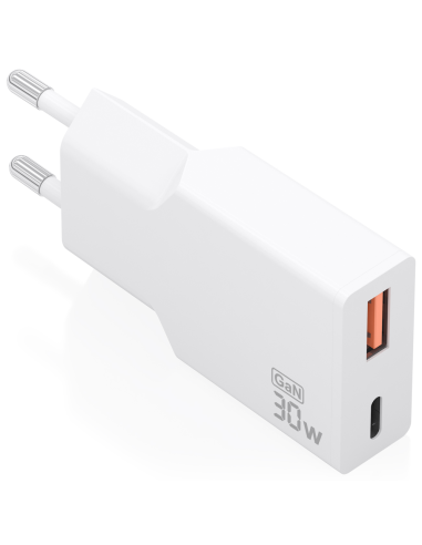 CARGADOR AISENS ULTRA DELGADO GaN 30W 1xUSB-C PD3.0 QC4.0 1xUSB-A QC3.0 BLANCO