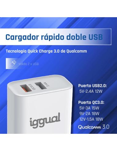 Iggual cargador doble 2xusb carga rápida qc3.0 30w