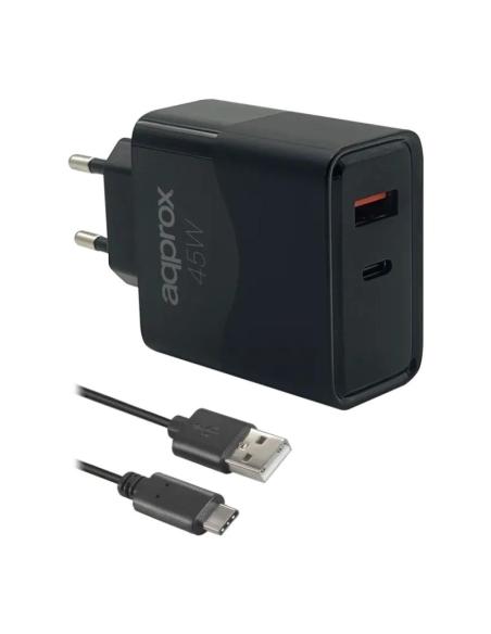 Approx cargador 45w qc 1 x usb a+ 1 x usb c+cable