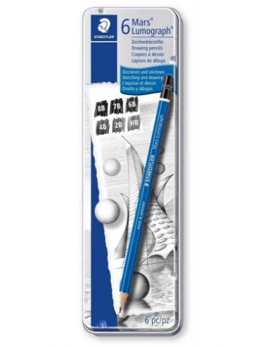 ESTUCHE DE METAL CON 6 LÁPICES, GRADUACIONES 8B, 7B, 6B, 4B, 2B, HB STAEDTLER 100 G6