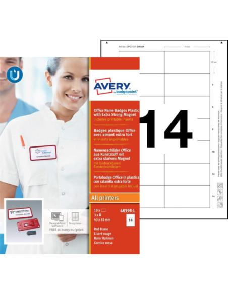 CAJA 10 PORTANOMBRES OFFICE BADGE ROJO CON IMÁN EXTRA FUERTE--37 X 75 MM AVERY 4839R-L