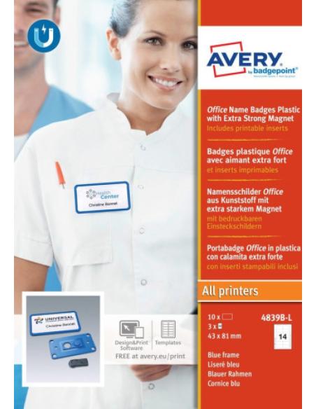 CAJA 10 PORTANOMBRES OFFICE BADGE AZUL CON IMÁN EXTRA FUERTE–37 X 75 MM AVERY 4839B-L