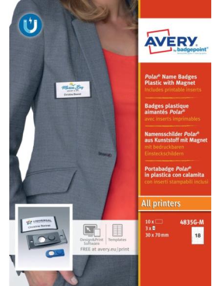 CAJA 10 PORTANOMBRES POLAR BADGE ANTRACITA CON IMÁN–30 X 65 MM AVERY 4835G-M
