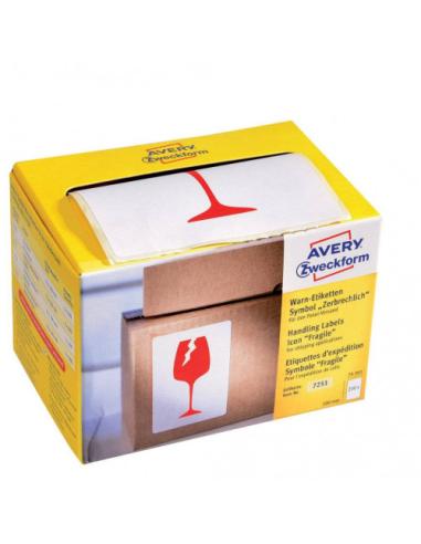 ROLLO 200 ETIQUETAS PARA ENVÍOS PRE-IMPRESAS CON EL ICONO "FRÁGIL" 74X100 MM AVERY 7251