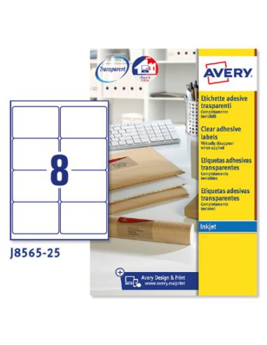 PAQUETE 25 HOJAS ETIQUETAS TRANSPARENTES QUICKPEEL-IMPRESORAS DE INYECCIÓN DE TINTA-99,1X67,7 MM AVERY J8565-25
