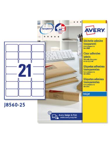 PAQUETE 25 HOJAS ETIQUETAS TRANSPARENTES QUICKPEEL-IMPRESORAS DE INYECCIÓN DE TINTA-63,5X38,1 MM AVERY J8560-25