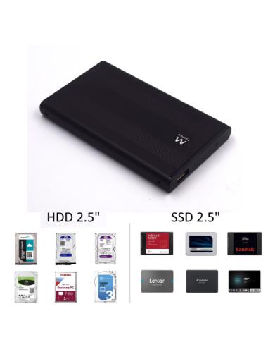 Ewent EW7041 caja para disco duro externo Aluminio, Negro 2.5" USB con suministro de corriente