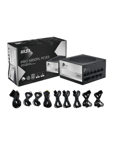 FUENTE ALIMENTACION MSI PRO A850PL PCIE5,PSU,850W,80 PLUS PLATINUM,MODULAR,120MM,ACTIVE PFC,1XPCI-E 5 (16PIN),3XPCI-E (6+2 PIN),