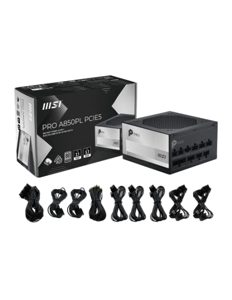 FUENTE ALIMENTACION MSI PRO A850PL PCIE5,PSU,850W,80 PLUS PLATINUM,MODULAR,120MM,ACTIVE PFC,1XPCI-E 5 (16PIN),3XPCI-E (6+2 PIN),