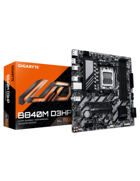 GIGABYTE B840M D3HP Placa Base – CPUs AMD Ryzen 9000, VRM de 8+2+2 fases, hasta 8200 MHz DDR5 (O.C.), 2× M.2 PCIe 4.0, LAN 1 GbE
