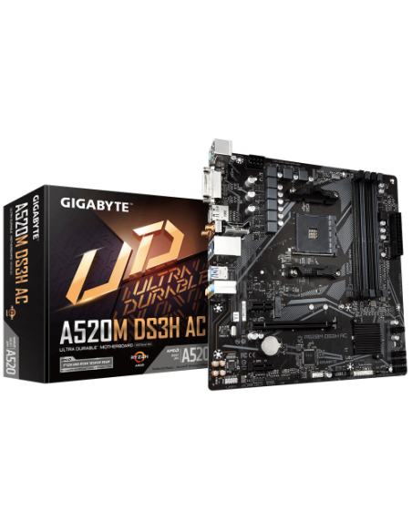 GIGABYTE A520M DS3H AC Placa Base - Procesadores AMD Ryzen Serie 5000, VRM de 5+3 fases, hasta 4733 MHz DDR5 (OC), 1xPCIe 3.0 M.