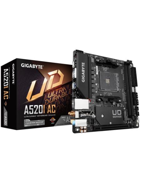 PLACA GIGABYTE A520I AC,AMD,AM4,A520,2DDR4,64GB,DP+2HDMI,GBLAN+WIFIAC+BT4.2,4SATA6+1M.2,2USB3.2,MINI-ITX