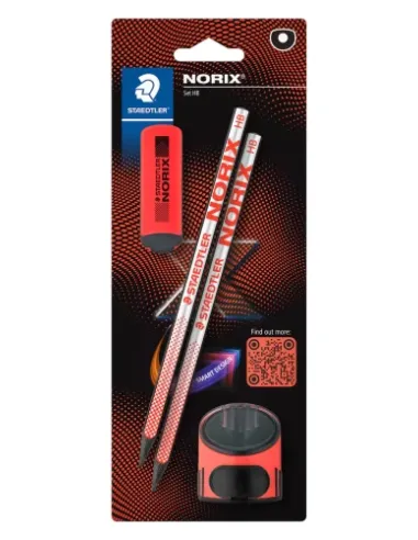 BLISTER CON 2 LÁPICES DE GRAFITO NORIX HB, AFILALÁPICES Y GOMA ROJO STAEDTLER 181 SBK2-2